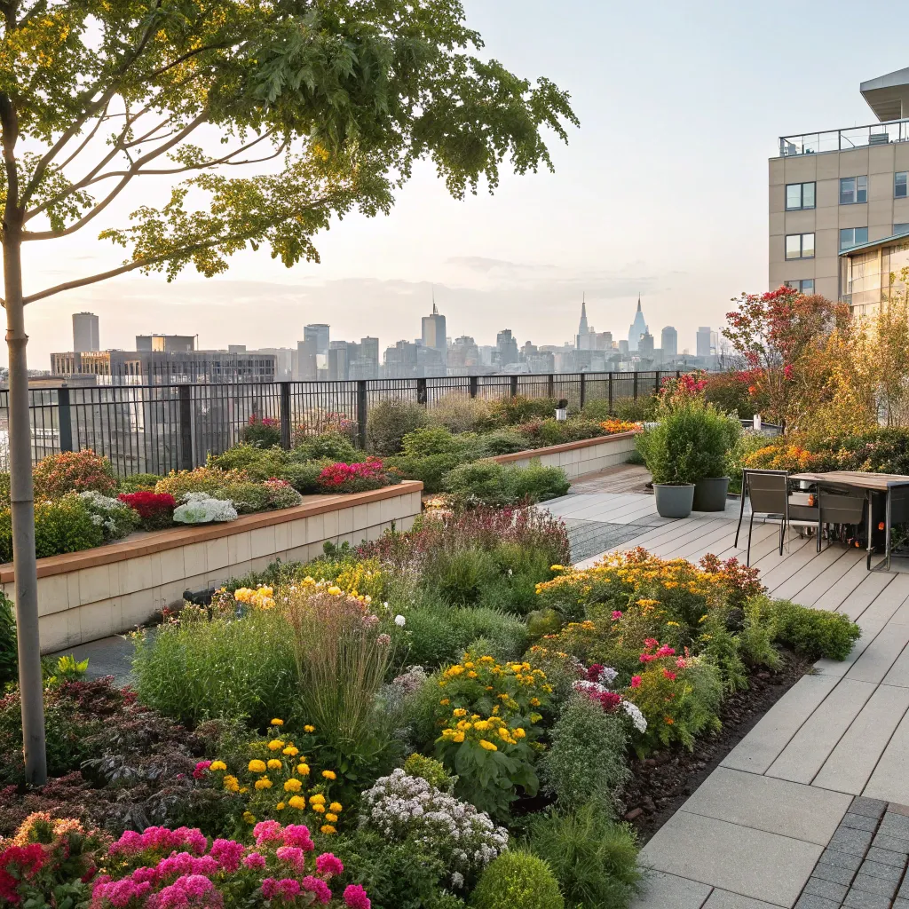Colorful blooming rooftop garden