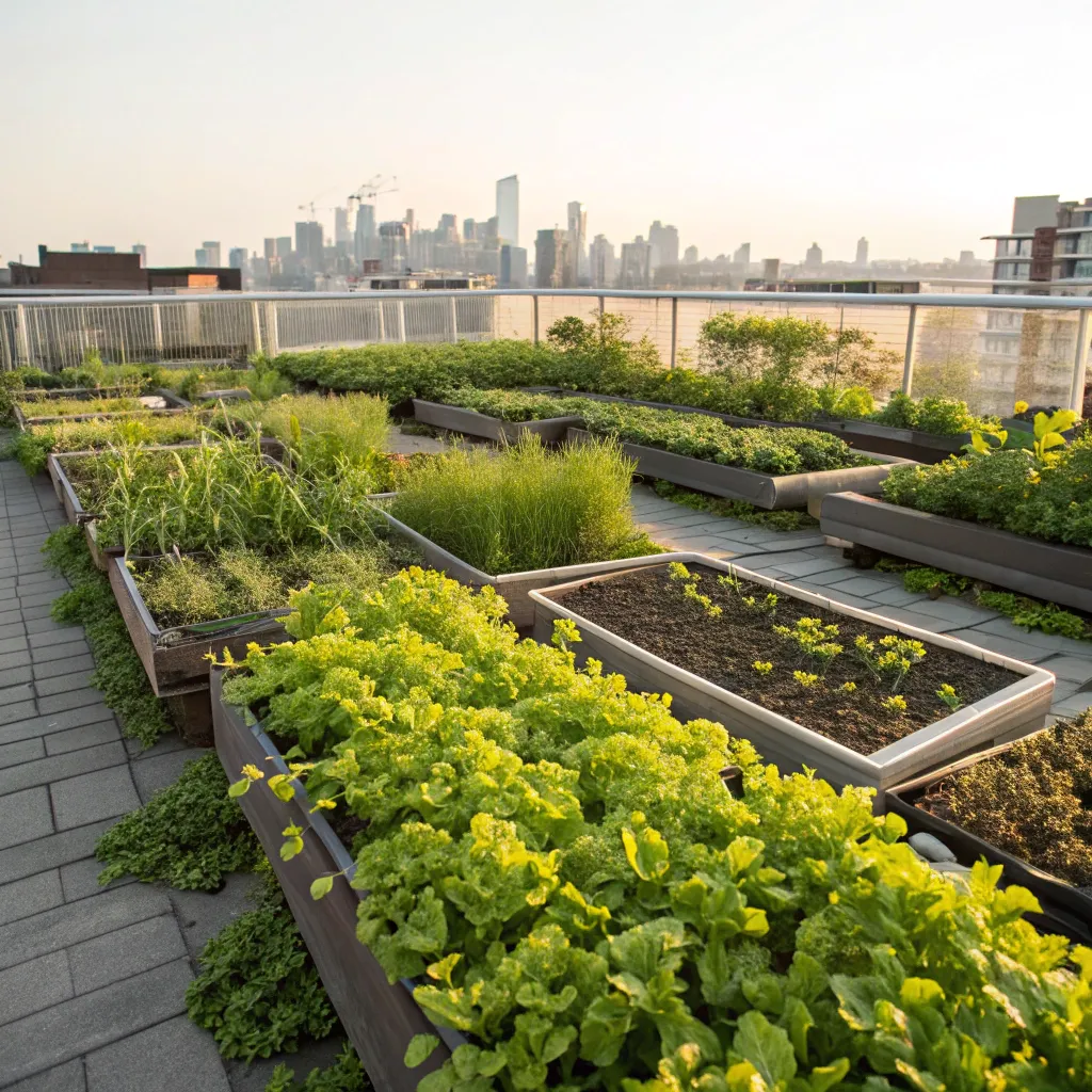 Rooftop garden with fresh green sprouts