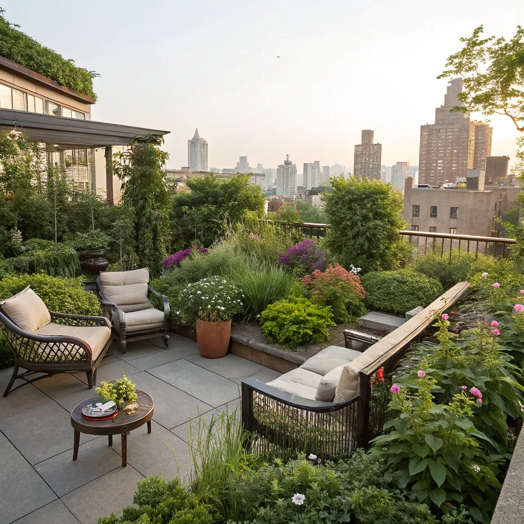Beautiful rooftop garden with various plants and seating area